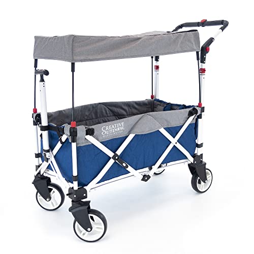 Creative Outdoor Push Pull Stroller Wagon for Kids,150lbs Weight Capacity, Collapsible Folding Cart with Canopy, Silver Series Plus, Beach, Park, Garden & Tailgate (Blue/Gray)