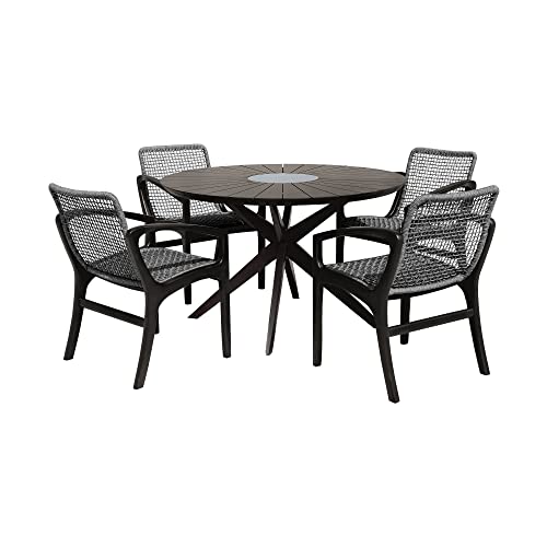 Armen Living Sachi and Brighton 5 Piece Dining Set Dark Eucalyptus and Grey Rope