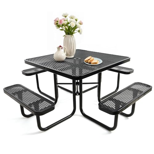 4FT Heavy Duty Picnic Table with 2 Benches,Outdoor Dining Set with Umbrella Hole,Outdoor Patio Dining Table with Thermoplastic-Coated Expanded Metal for Backyard, Garden,Patio (46FT/Black-Square)