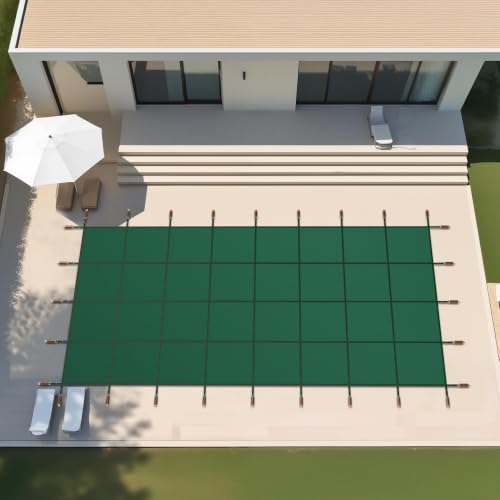 Inground Pool Safety Cover, Fit 28ftx48ft Rectangular Pool,Green High‑Strength PP Mesh with Double‑Layer Straps Triple Stitching, Includes Installation Tools
