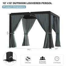 GS CHIER Outdoor Louvered Pergola 10' x 10' Adjustable Roof Black with Curtain