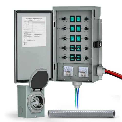 POOAMY 50Amp Generator Manual Transfer Switch 10-Circuits, 120/240V, 12500Watts, NEMA 3R, Heavy Duty Safety Switch for Indoor and Outdoor Use