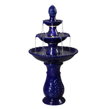 3-Tier Dark Blue Ceramic Fountain, Decorative Water Fountain with LED Lights and Quiet Pump, Indoor Outdoor Water Feature for Patio, Garden, Deck, Balcony, Office and Home Décor