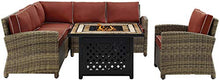 Crosley Furniture Bradenton 5-Piece Wicker Outdoor Sectional Sofa Set with Fire Pit Table Brown with Sangria Cushions