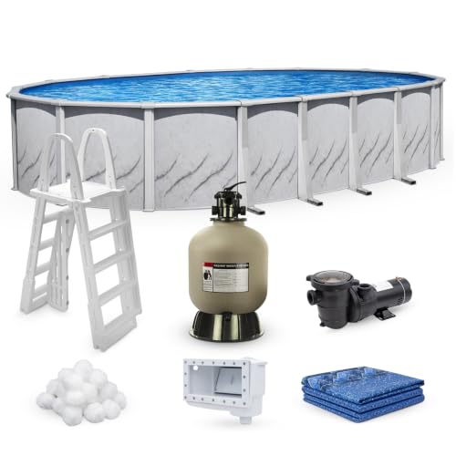 Galleria 15 ft x 24 ft Oval Above Ground Swimming Pool Kit | 52 Inch Steel Walls | Bundle Includes: 25 Gauge Liner, A-Frame Ladder, Sand Filter System with Pump & Skimmer