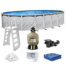 Galleria 15 ft x 24 ft Oval Above Ground Swimming Pool Kit | 52 Inch Steel Walls | Bundle Includes: 25 Gauge Liner, A-Frame Ladder, Sand Filter System with Pump & Skimmer