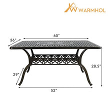 W WARMHOL Outdoor Cast Aluminum Patio Table, 60” Rectangular Bistro Table with 2’’ Umbrella Hole for Patio Furniture Garden Deck Backyard