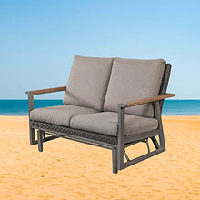 LOKATSE HOME Patio Glider Loveseat Steel Frame 2-Person Bench with Rattan Backrest Grey Cushion
