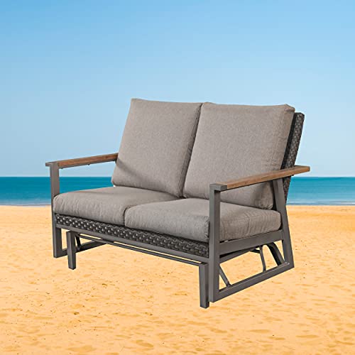 LOKATSE HOME Patio Glider Loveseat Steel Frame 2-Person Bench with Rattan Backrest Grey Cushion