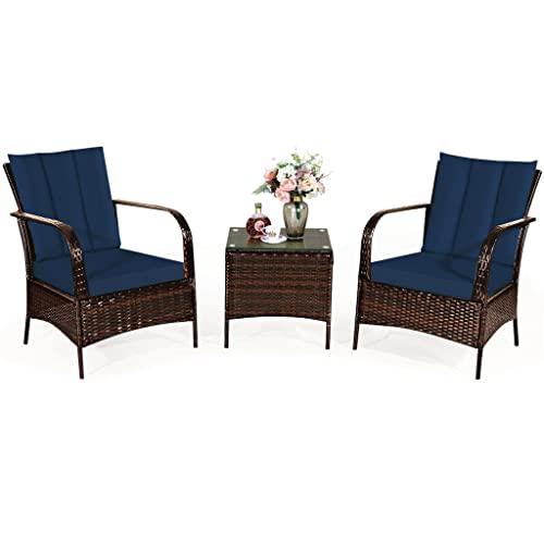 3 PCS Patio Rattan Furniture Set Coffee Table & 2 Rattan Chair with Cushions Comfortable and Breathable (Color : Black) (D)