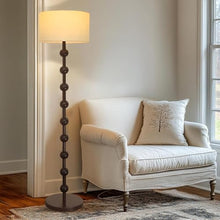 French Vintage Country Floor Lamp, Modern Dimmable Floor Light, Walnut Color Wood Ribbon with 9 Round Sphere and Linen Lampshades, for Living Room Bedroom Study Corner