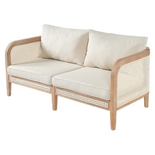 Merax Outdoor Patio Loveseat, Acacia Wood 2-seat Outdoor Couch Sofa with Thick Cushion, All-Weather PE Rattan Accent Patio Furniture for Balcony Porch Backyard Poolside Relax, Natural+White