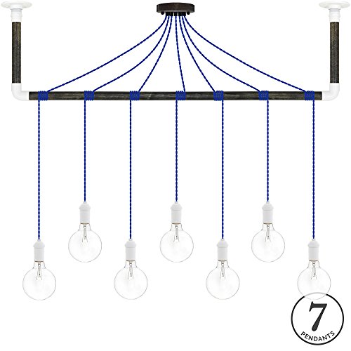 Blue and White Pendant Light Wrapped Ebony Black Wood and White Ceiling Bracket - Hangout Lighting - 7 Pendants