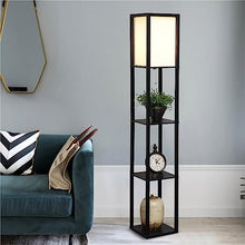 BIOMICE Dimmable Floor Lamp Wooden Floor Lamp with Shelves Modern Standing Light Fabric Lampshade Floor Lamps for Living Room Bedroom Floor Light(A-Black)