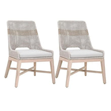 MAKLAINE Transitional Outdoor Dining Chairs, Set of 2, Gray Teak Wood Frame, Taupe and White All-Weather Fabric Cushions, Rope Pattern Seat Back, 34.5" H x 24.75" W x 23.5" D, Patio Seating