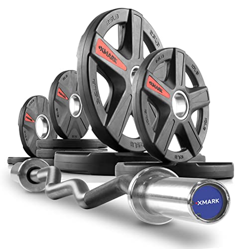 XMark Olympic Bar Curl Bar with Weights Offer 95 lb Set Texas Star Olympic Weight Plates Rubber Coated XM-3389 EZ Curl Bar