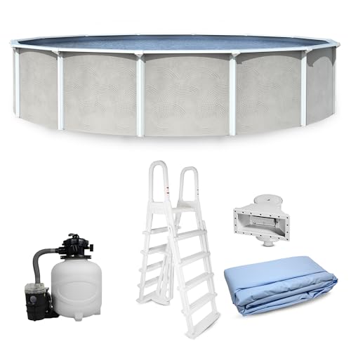 Blue Wave Belize 15-ft Round 52-in Deep Hard Sided Steel Frame Above Ground Pool with 6-in Steel Top Seats, 0.5 HP Sand Filter System, Ladder, Skimmer & Liner – 5,130-Gallon Capacity for Family Use