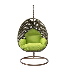 LeisureMod Wicker Rattan Hanging Egg Swing Chair with Stand & Cushion - Light Green Swing Chair for Indoor/Outdoor, Patio, Bedroom, Lounge Seat