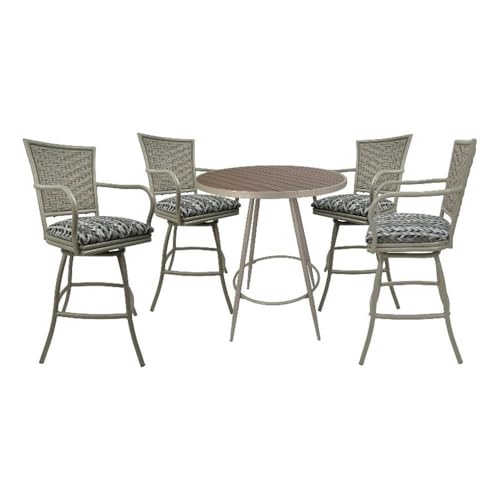 Pemberly Row Outdoor/Indoor Pub Set, 30 in Bar Height Stools with Arms, Beige Powder-Coated Frame, Simi Soft Gray Fabric, 36 in Round Table with Rust Center, Durable Design for Patio or Bar Use