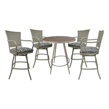Pemberly Row Outdoor/Indoor Pub Set, 30 in Bar Height Stools with Arms, Beige Powder-Coated Frame, Simi Soft Gray Fabric, 36 in Round Table with Rust Center, Durable Design for Patio or Bar Use