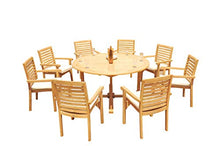 WholesaleTeak 8 Seats 9 Pcs Grade-A Teak Wood Dining Set: 60" Round Table and 8 Hari Stacking Arm Chairs #11HR1209