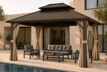 10x12 FT Hardtop Gazebo, Double Roof Galvanized Steel Outdoor Patio Pavilion, Heavy Duty Metal Frame Pergola with Breathable Mosquito Netting & Privacy Curtains for Backyard, Deck, Lawn, Brown