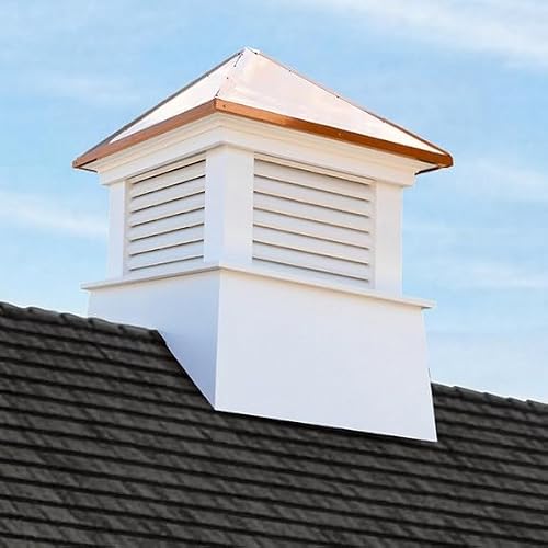 Good Directions Lexington Cupola, 26" x 26" x 32", White PVC Vinyl with Copper Roof, Louvered Roof Accent for Garages, Barns, Sheds & Homes, Weathervane Compatible, Large (26 Inch)