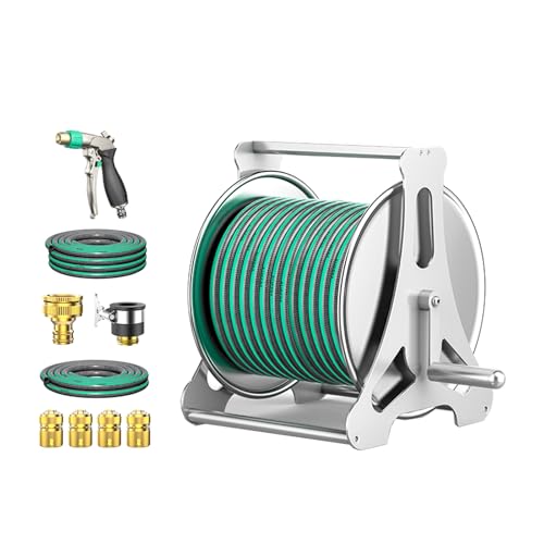 HBOOMOEM Portable Wall/Floor Mounted Metal Water Hose Reel，Water Hose Storage Rack with 360° Rotatable Handle，Suitable for Outdoor Yards, Patios, Homes, Driveways.(Water Gun Type,40m)
