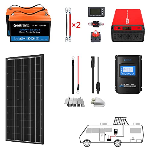ACOPOWER 200Ah Battery 200W Solar Power System: 2PCS 100Ah Lithium Batteries+1500W Inverter+1PCS 200W Mono Solar Panels+30A MPPT Controller, for RV Boat 12V Off Grid Complete Solar Kit