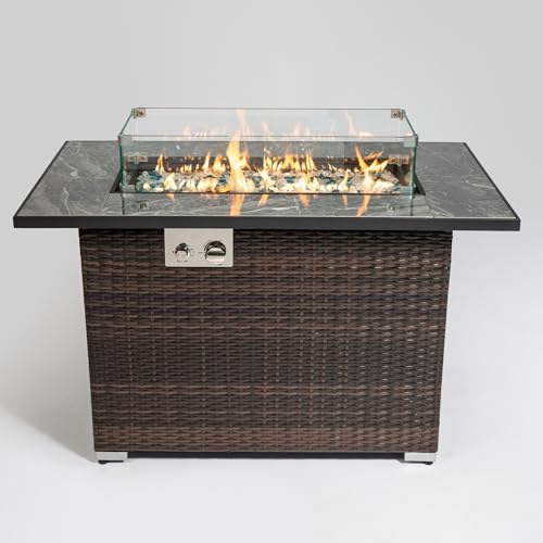 Propane Fire Pit Table Gas Patio Heater Rectangular Outdoor Coffee Dining Bar Tabletop with Ceramic Tile Lid Wicker Base Glass Wind Guard Stainless Steel Burner Pulse Ignition Rain Cover