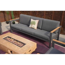 Aluminum 7-Person Seating Group with Fire Pit and Gray Cushions