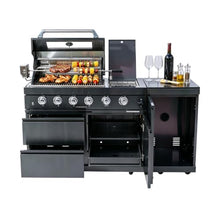 RGWYGCG 4-Burner Propane Gas Grill with Rotisserie Kit & Side Burner, Heavy Duty Outdoor Kitchen Grilling Station with Prep Table, Drawers & Cabinet for Backyard BBQ