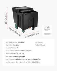 VEVOR Commercial Ice Bin, 125 lbs Portable Ice Caddy, 31.5 x 22.8 x 29 inch Insulated Ice Carrier with 4 Wheels and Sliding Lid, Large Ice Bin for Catering, Kitchens, Bistros, Restaurants, and Bars