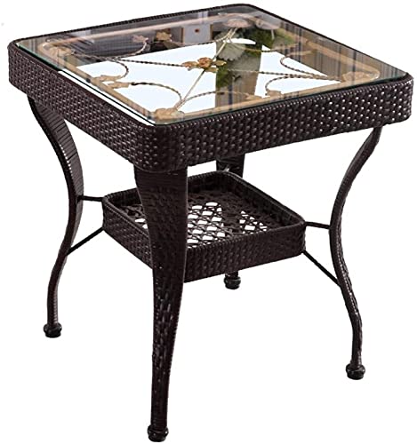 POLGDW Outdoor Rattan Patio Coffee Table with Glass Top Square Side Table for Living Room and Bedroom Black Woven Design 55.5 * 60cm