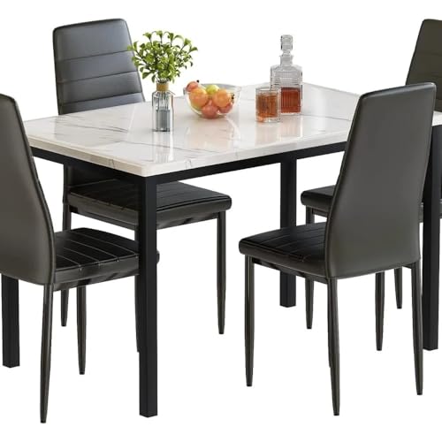 FURUIM2024M Dining Table 5 Pieces Dining Table Set Kitchen Table Set Faux Marble Top Table and 4 Faux Leather Upholstered Chairs for Kitchen Table and Chairs Dining(Black)