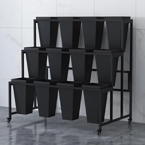 ARTUNV 3 Tier Metal Plant Stand With 12 Buckets, Heavy Duty Rolling Flower Display Rack, Movable Planter Organizer For Florist, Garden, Party, Event Decor(Color:Black)