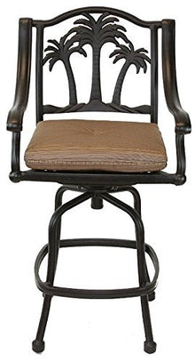 Patio Land Palm Tree Outdoor Patio Set 4 pc Swivel Bar Stools Dark Bronze Cast Aluminum Sunbrella Sesame