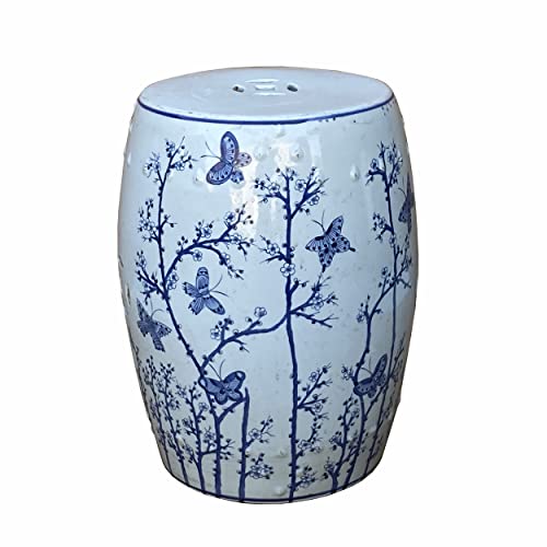 orientliving Chinese Porcelain Flower Butterflies Table Stool Blue White