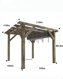 KYBOLT 10x10 Ft Wood Pergola with Retractable Sunshade Charcoal Gray