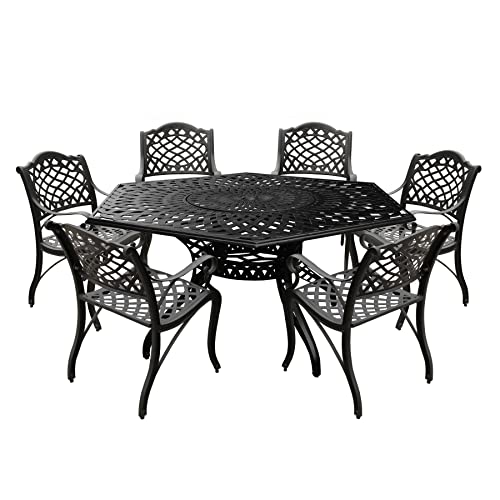 Oakland Living Modern Ornate Outdoor Mesh Aluminum 63-in Hexagon Patio Dining Set with Six Chairs Black