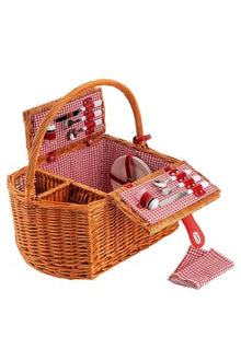 Handmade Wicker Picnic Basket Set for 2 People with Gingham Pattern, Wood, Insulated Compartment, Includes Cutlery, Plates, Glasses, and Water-Resistant Blanket - Brown