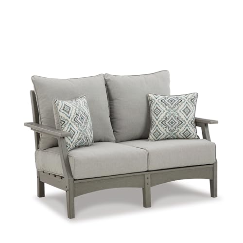 Signature Design by Ashley Visola Outdoor Loveseat With All-Weather HDPE Frame, Nuvella Cushions, Textured Wood Look for Patio and Deck Seating, Gray, 54" W