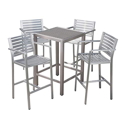 Christopher Knight Home Tracy | Outdoor 5-Piece Rust-Proof Aluminum Set | with Wicker Top Bar Table | Silver/Grey