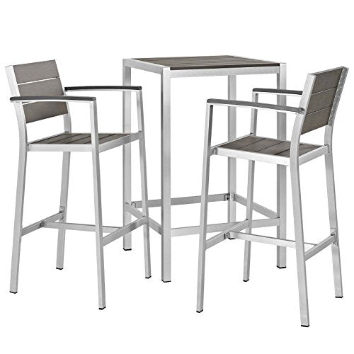 Modway Shore Aluminum 3-Piece Outdoor Patio Pub Bistro Set Silver Gray