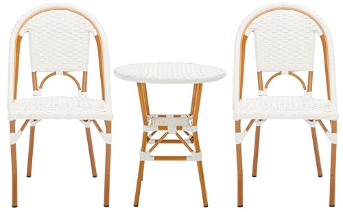 SAFAVIEH Outdoor - California 3 Piece Bistro Set - White Faux Wicker & Aluminum Frame - Coastal Design - Ideal for Patio, Deck, Sunroom, Dining Area (PAT9505C-KIT2)