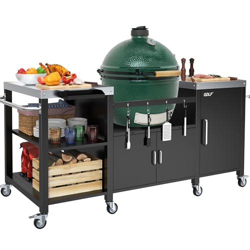 GDLF Outdoor Grill Table for XL Big Green Egg, Metal Grill Cart
