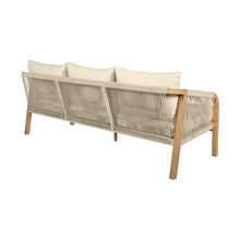 Armen Living Cypress Outdoor Patio Sofa in Blonde Eucalyptus Wood and Light Gray Rope with Ivory Olefin Cushions
