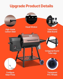 VEVOR Wood Pellet Grill Smoker, 8 in 1 BBQ Grills for Outdoor Cooking, 456 Square Inches Cook Area Electric Grill and Smoker, with Digital Controller, Meat Probe, 500°F Max Temperature, Black