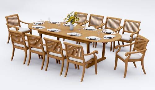 WholesaleTeak 10 Seats 11 Pcs Grade-A Teak Wood Dining Set: 118" Double Extension Mas Oval Trestle Leg Table and 10 Arbor Stacking Arm Chairs #11AB2710