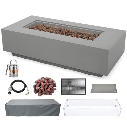 AMS 60" Rectangular Concrete Natural Gas Fire Pit Table Bundle (Light Gray)
